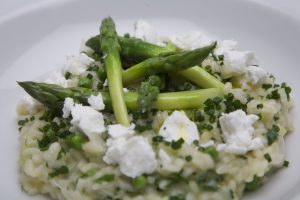 Spring garden risotto with Welsh goats cheese